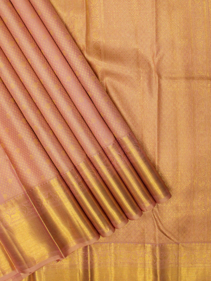 Peach Onion Pink with Gold Zari Small Peacock and Round Butta Motifs Full Body Weaved Design Zari Border Grand Tissue Silk Kanjivaram  Saree
