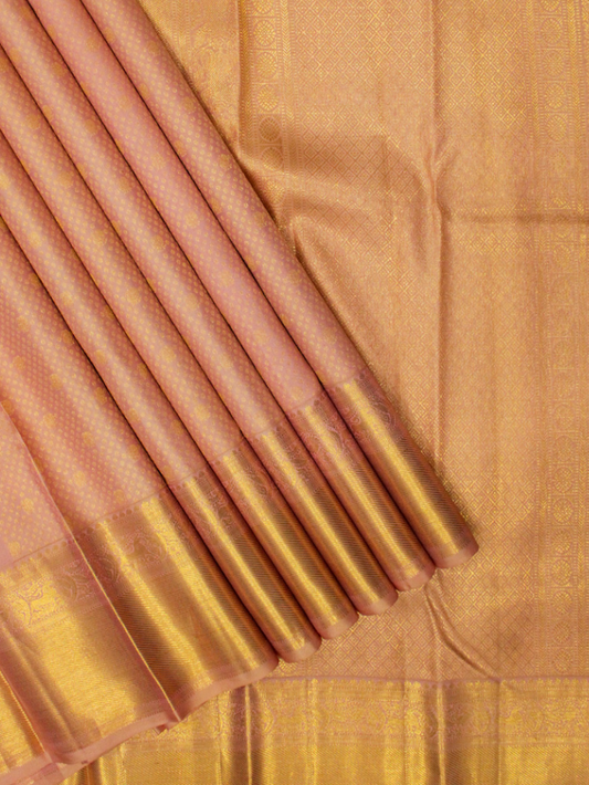 Peach Onion Pink with Gold Zari Small Peacock and Round Butta Motifs Full Body Weaved Design Zari Border Grand Tissue Silk Kanjivaram  Saree