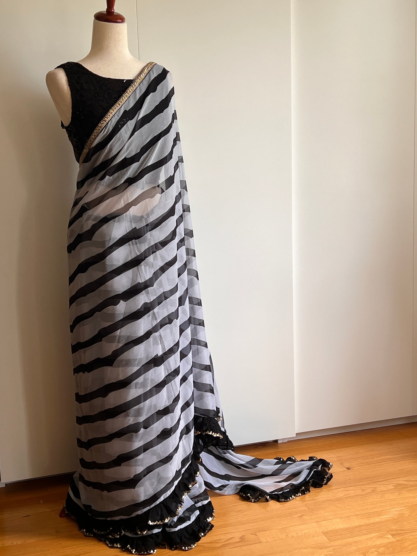 Black and White Striped Chiffon Saree Only