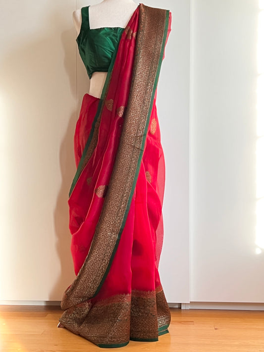 Red Kora Organza Saree with Green Zari Border