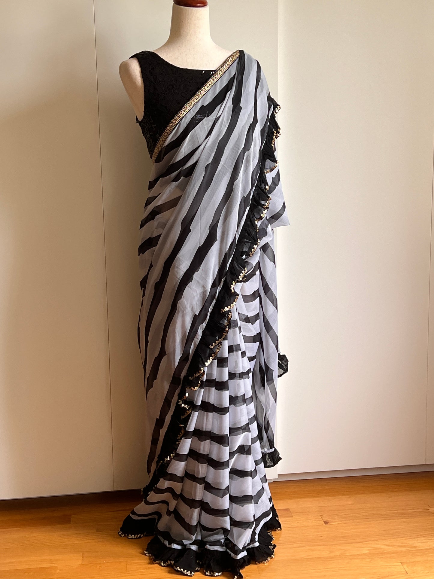 Black and White Striped Chiffon Saree Only