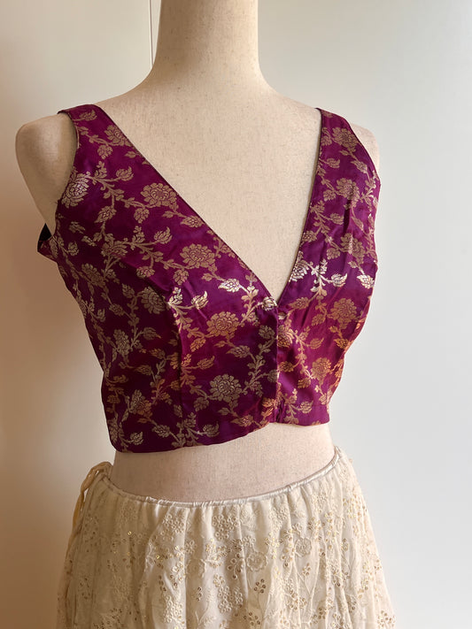 Purple Pure Brocade Silk Blouse Sleeveless