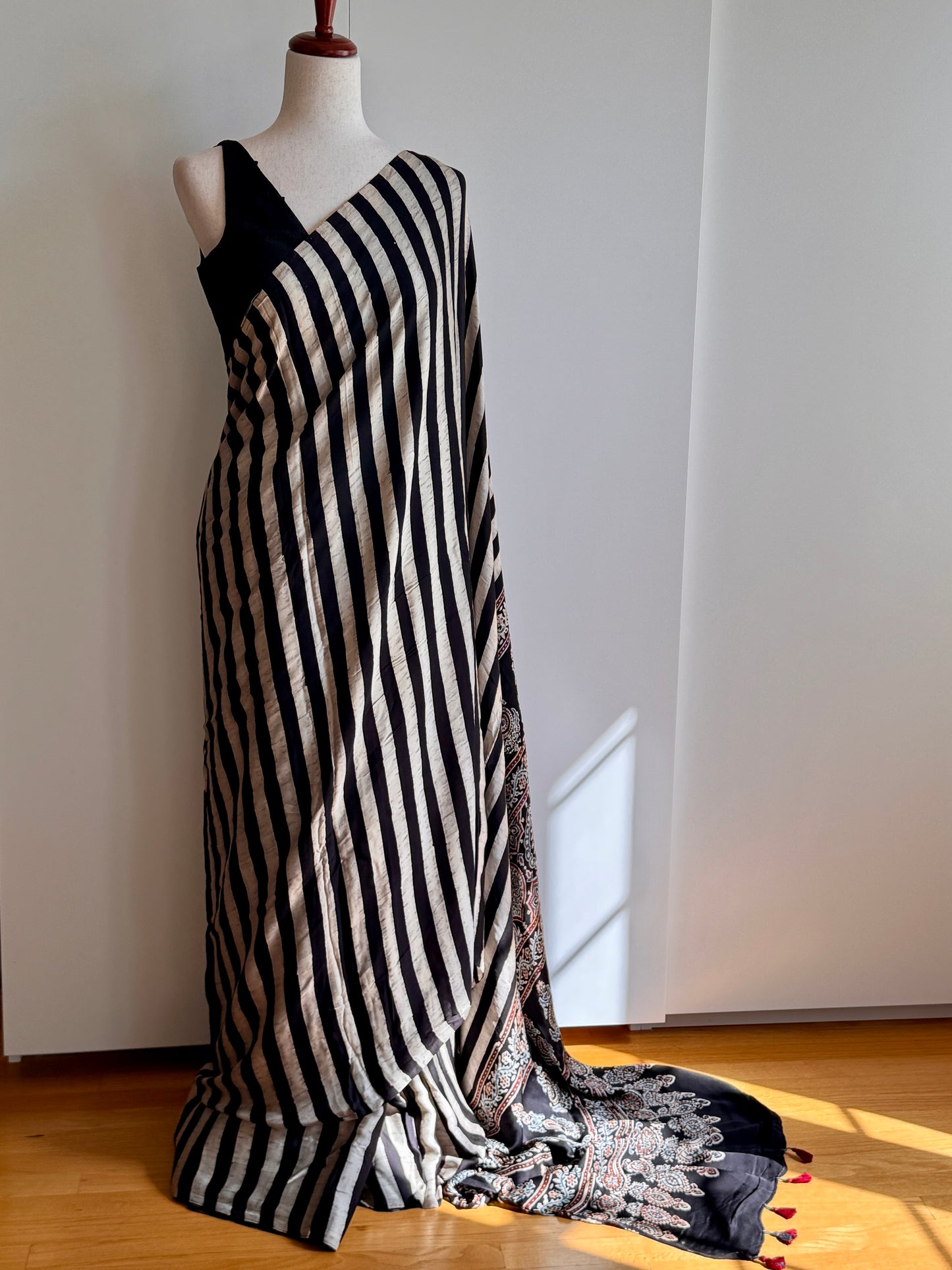 Black and White striped Modal Silk Ajrakh Saree