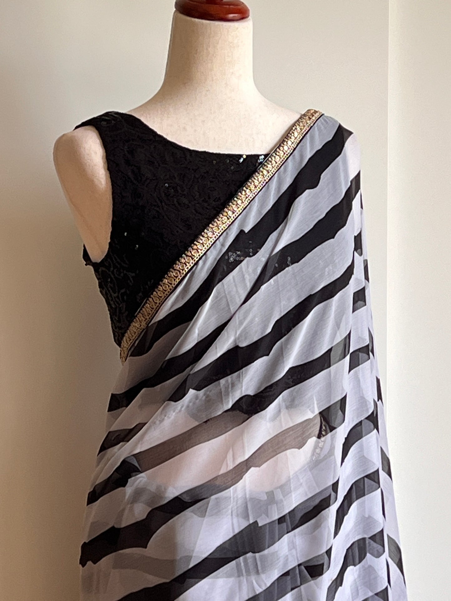 Black and White Striped Chiffon Saree Only