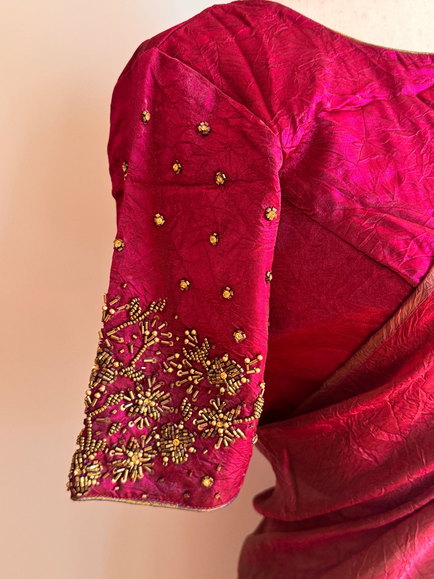 Reddish Pink Satin Crush Fancy Silk Saree and Stitched Blouse (L Size)