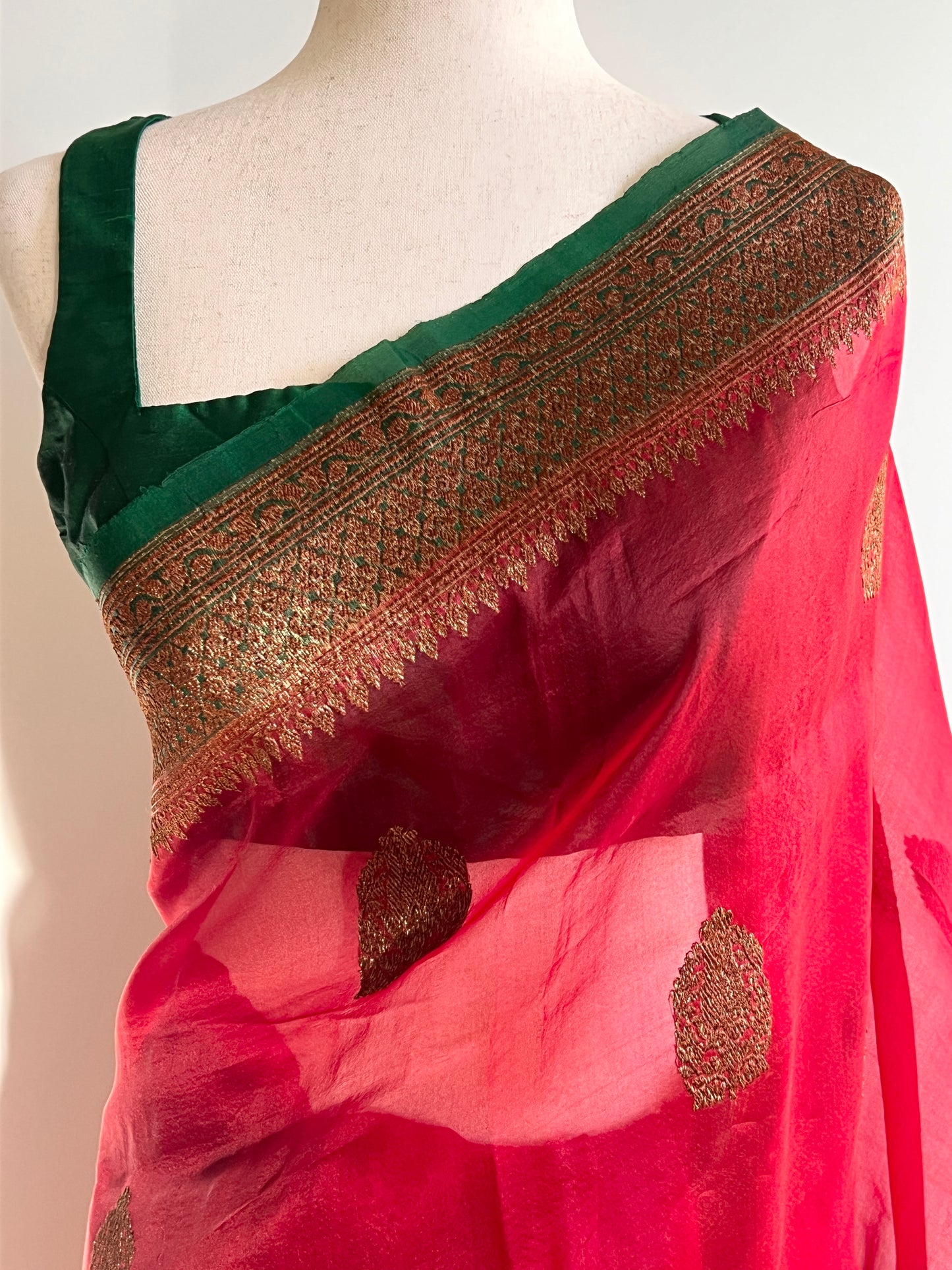 Red Kora Organza Saree with Green Zari Border