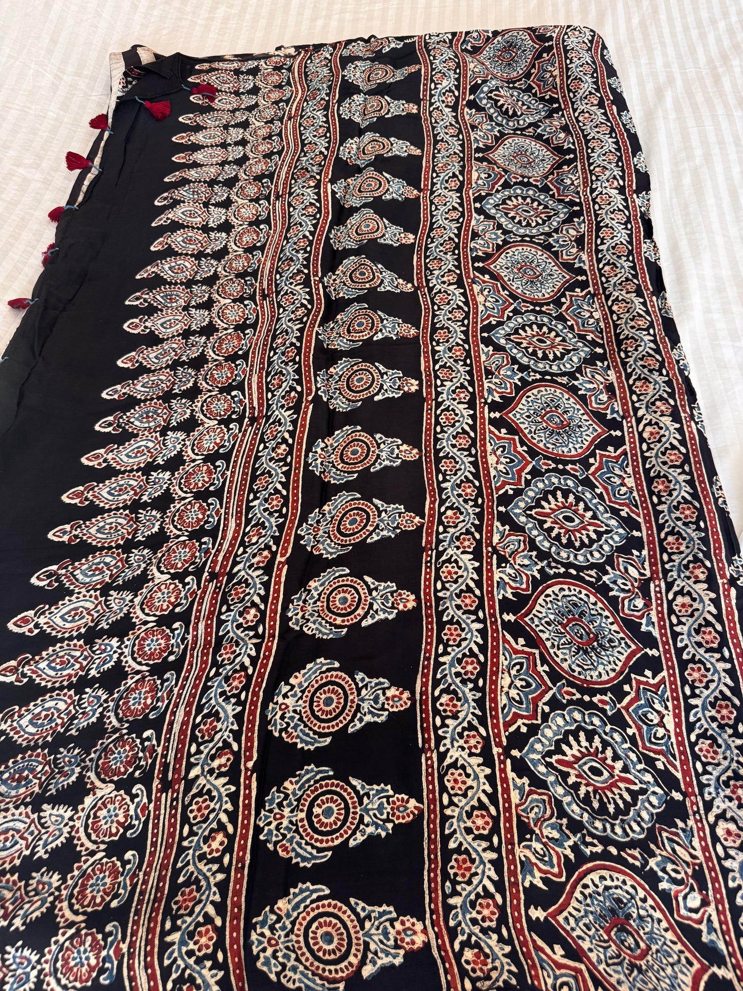 Black and White striped Modal Silk Ajrakh Saree