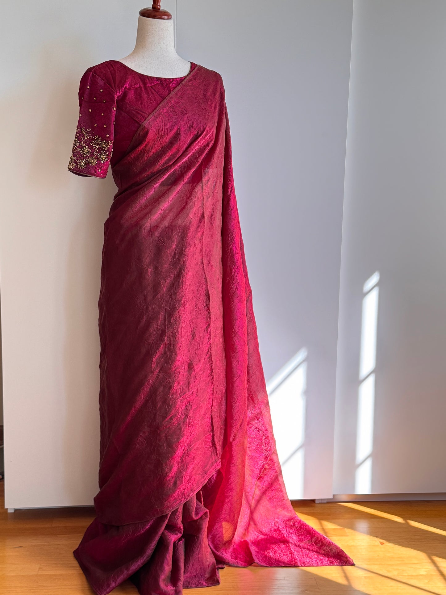 Reddish Pink Satin Crush Fancy Silk Saree and Stitched Blouse (L Size)