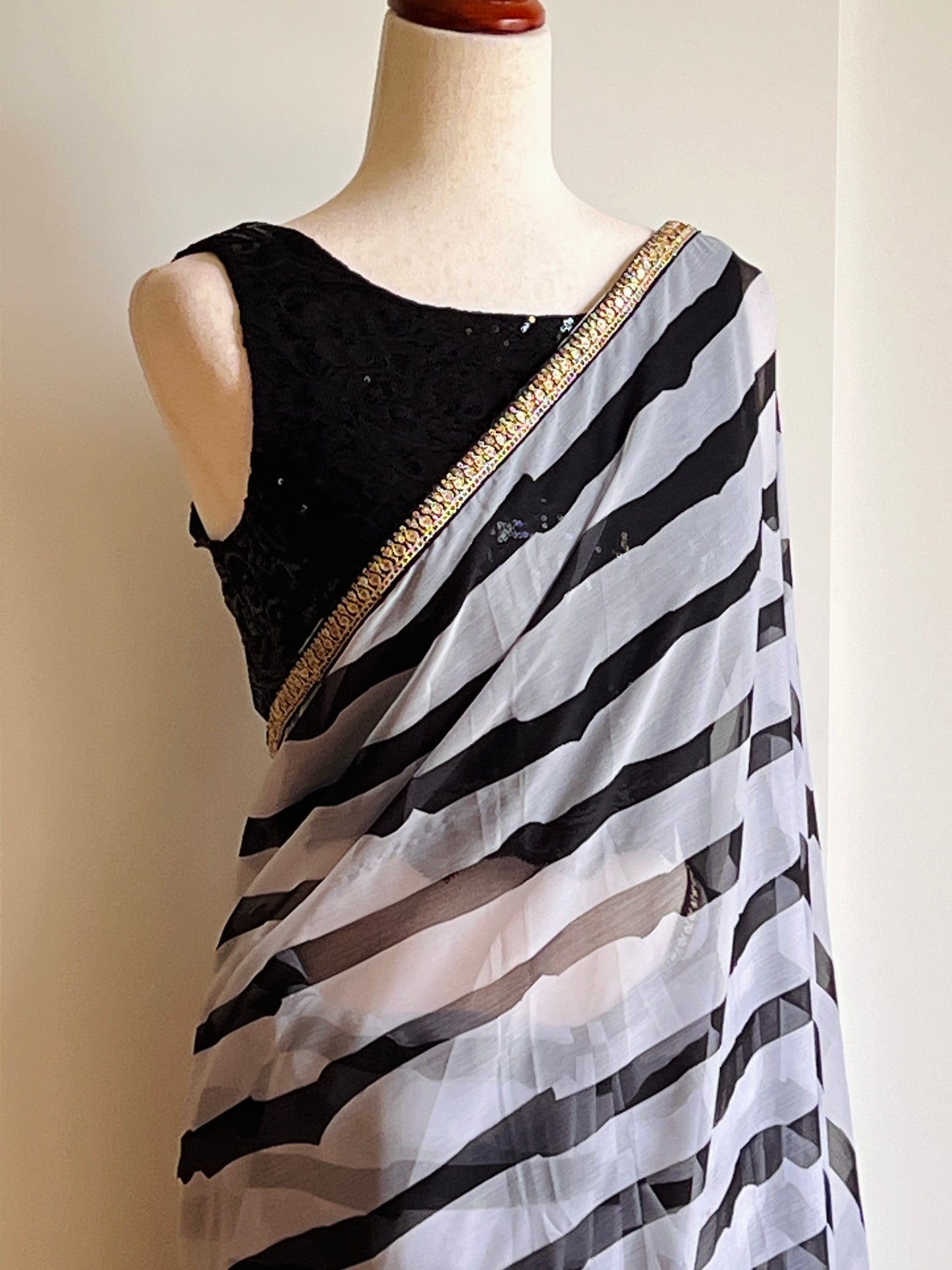 Black and White Striped Chiffon Saree Only