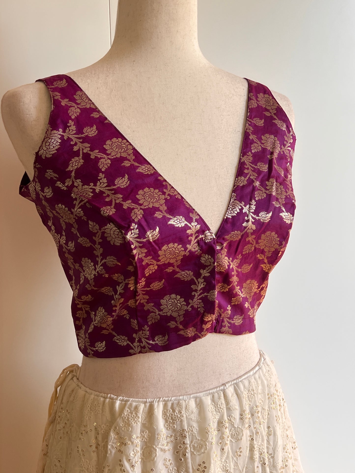 Purple Pure Brocade Silk Blouse Sleeveless