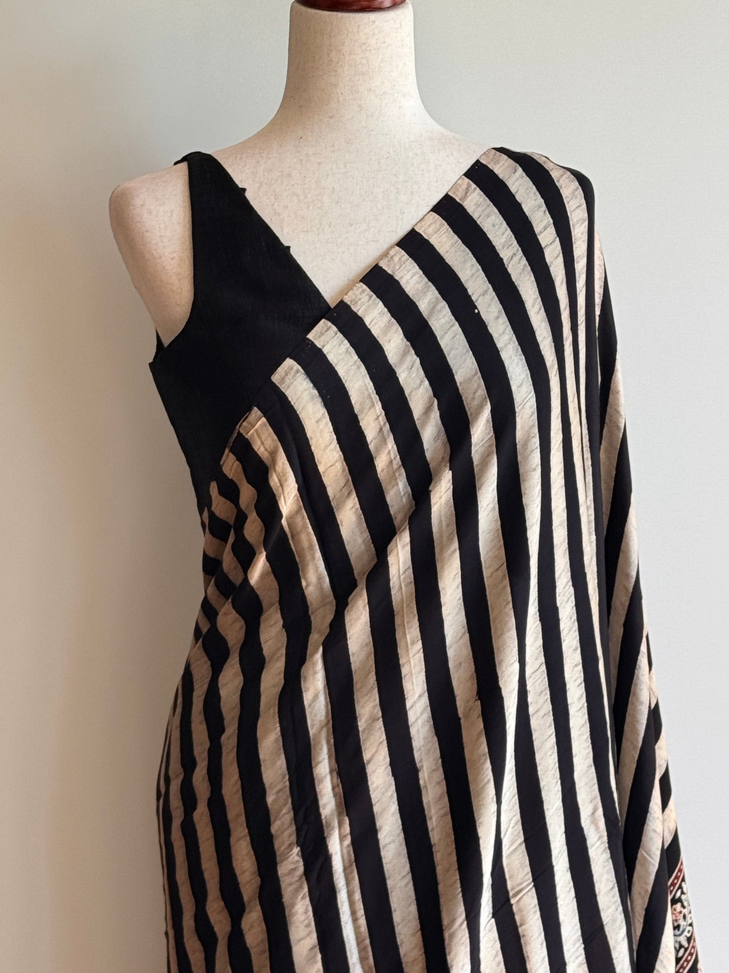 Black and White striped Modal Silk Ajrakh Saree