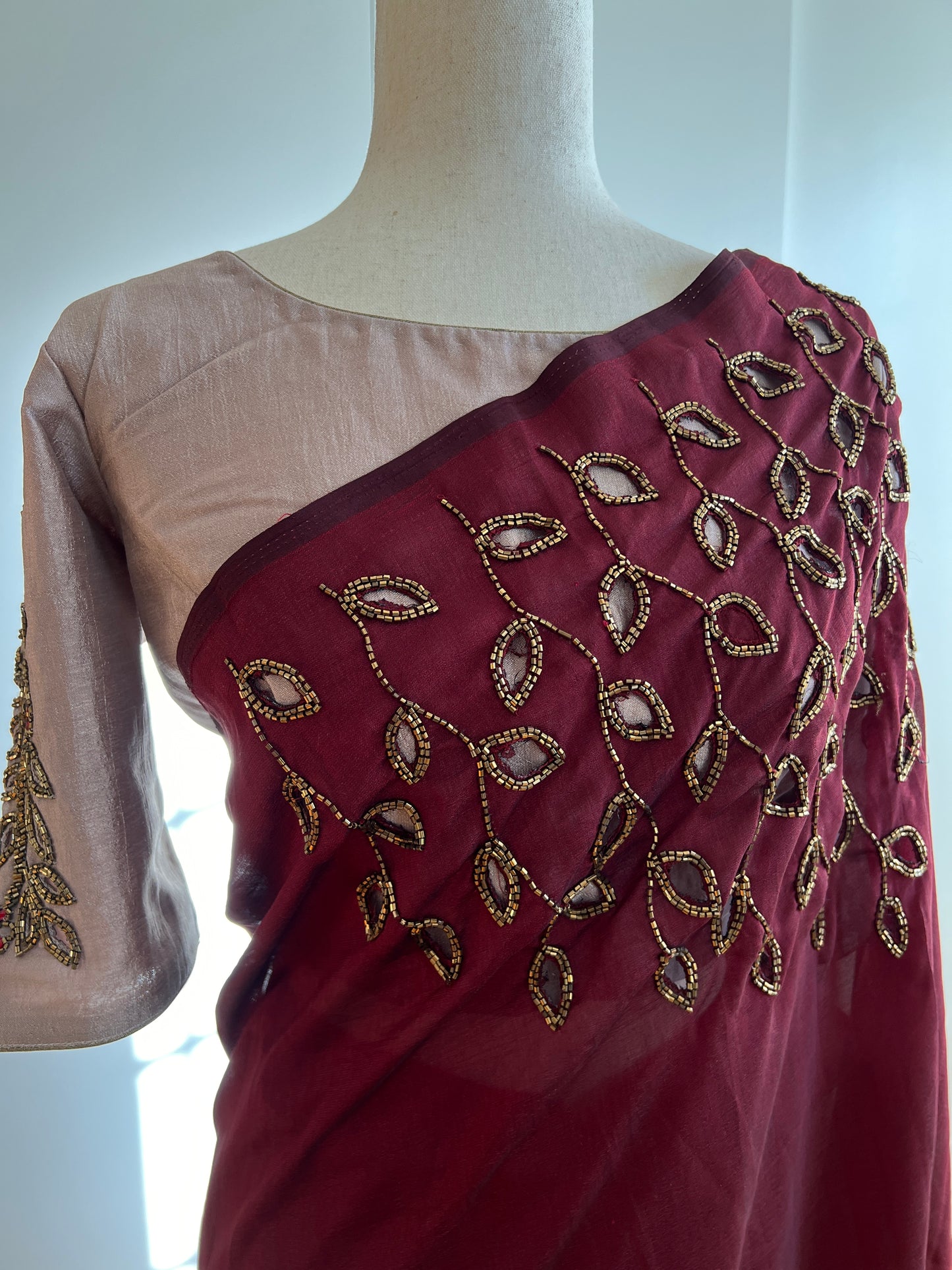 Maroon Fancy Silk Ready to Wear Saree and Grey Stitched Work Blouse