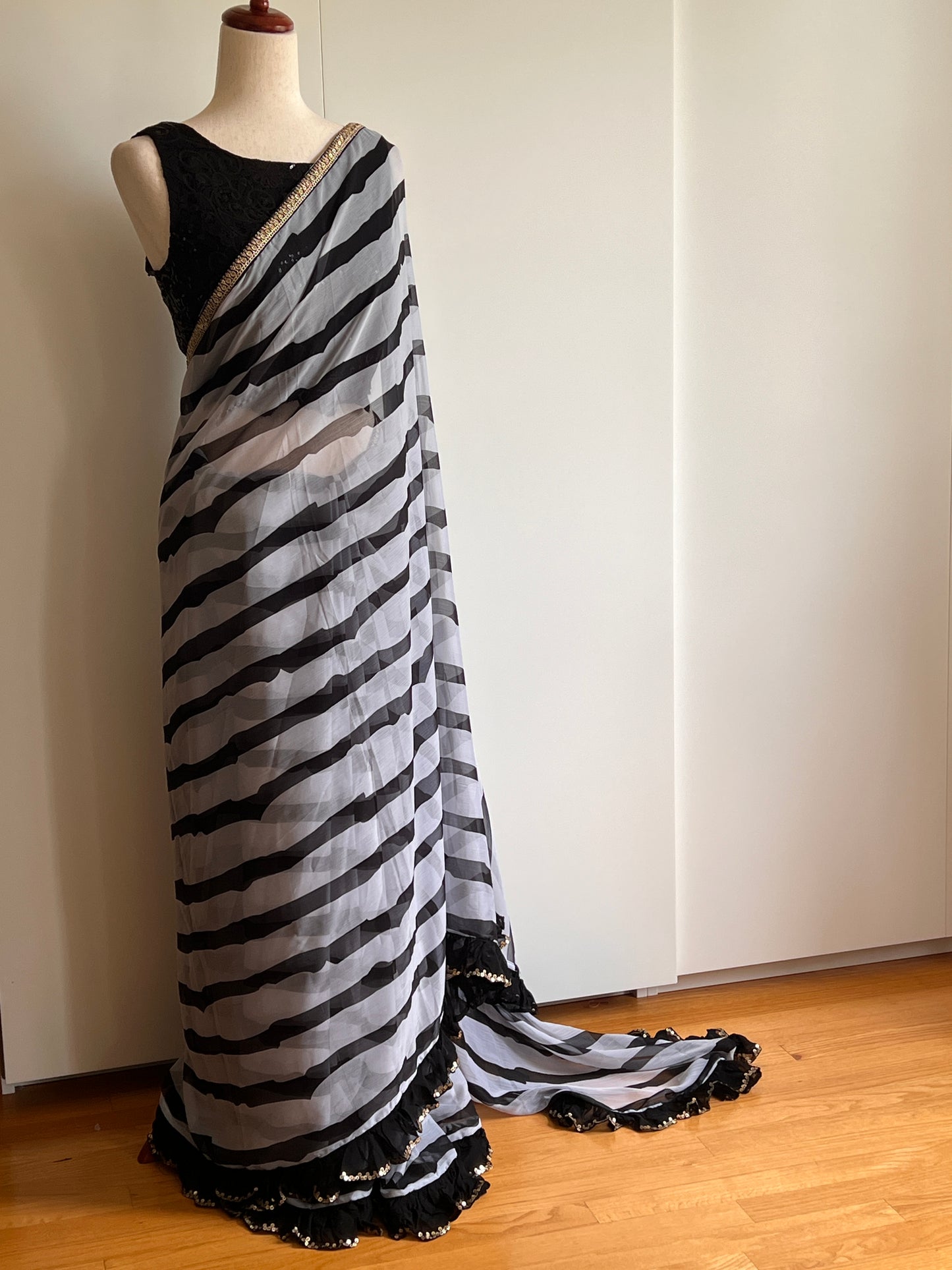 Black and White Striped Chiffon Saree Only