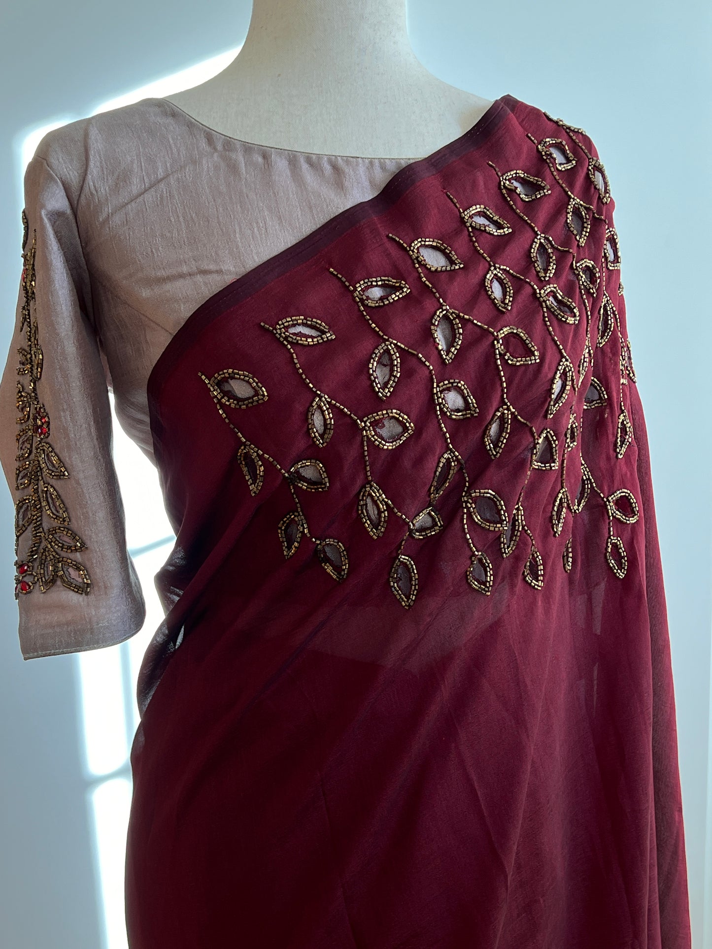 Maroon Fancy Silk Ready to Wear Saree and Grey Stitched Work Blouse