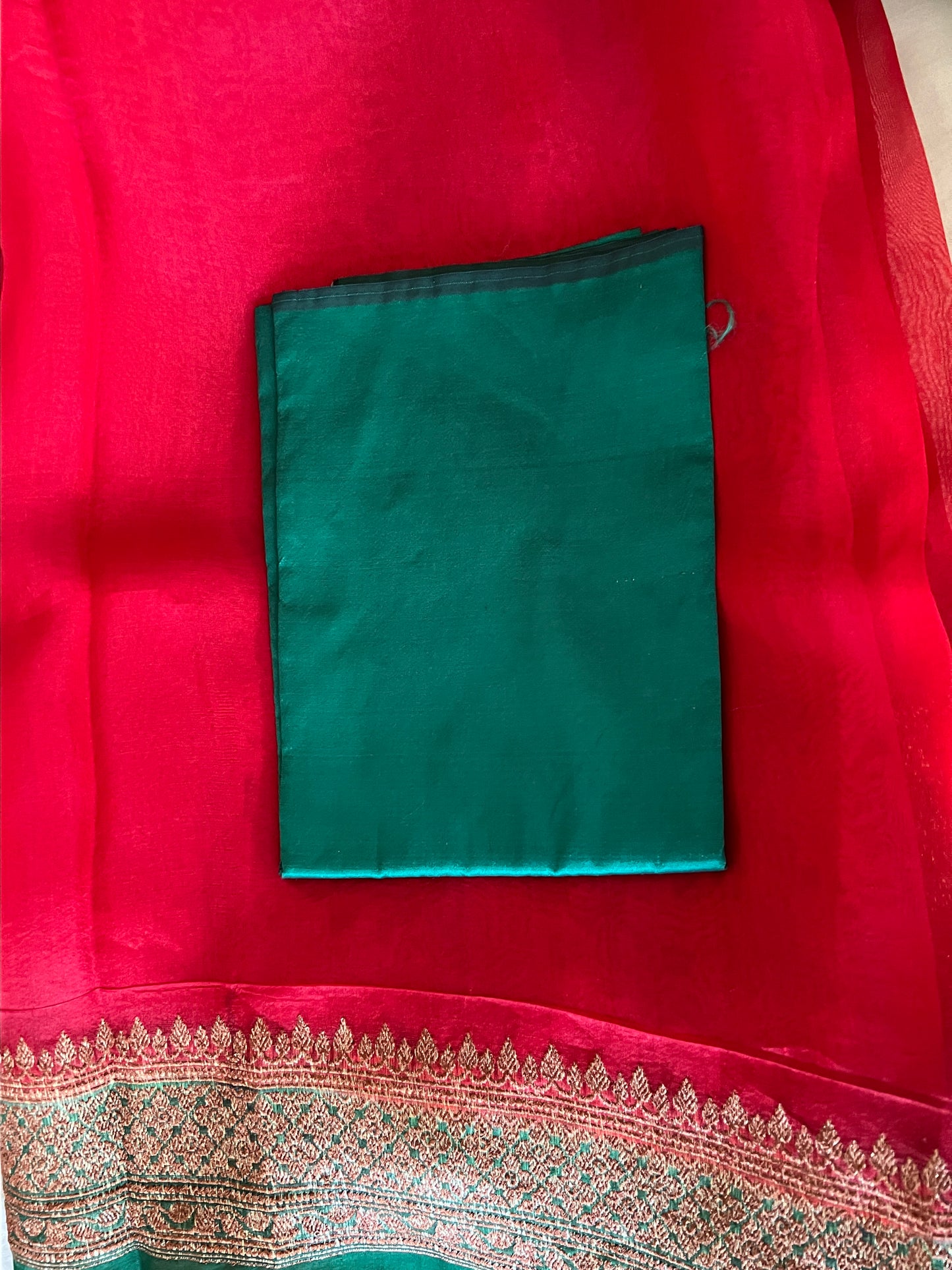 Red Kora Organza Saree with Green Zari Border