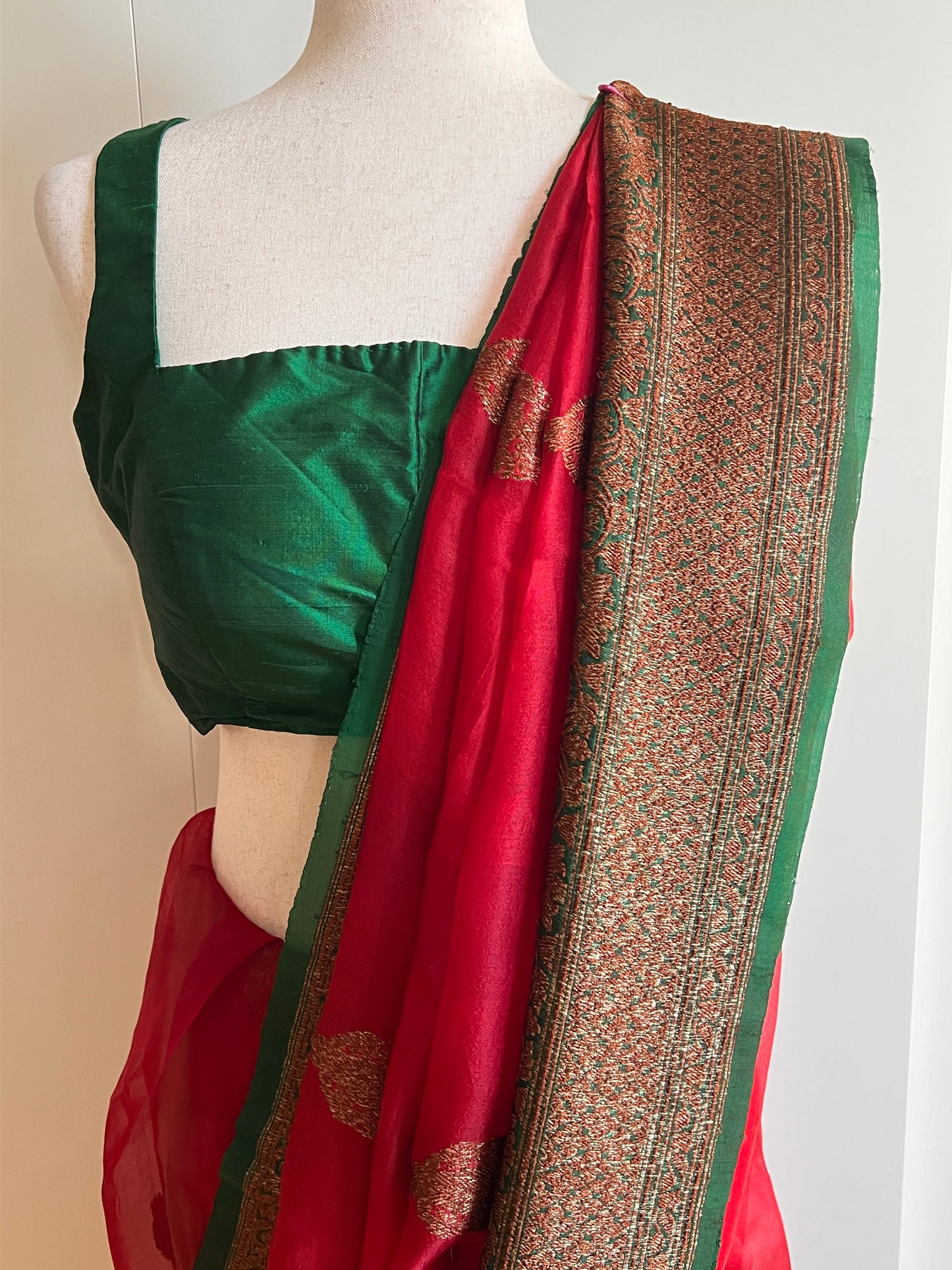 Red Kora Organza Saree with Green Zari Border