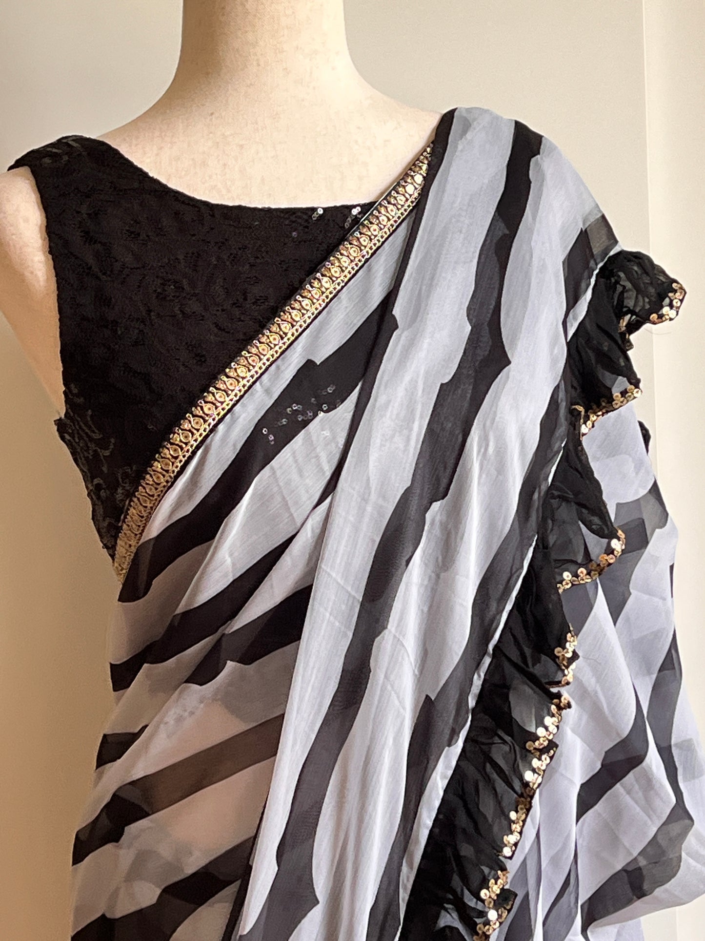 Black and White Striped Chiffon Saree Only