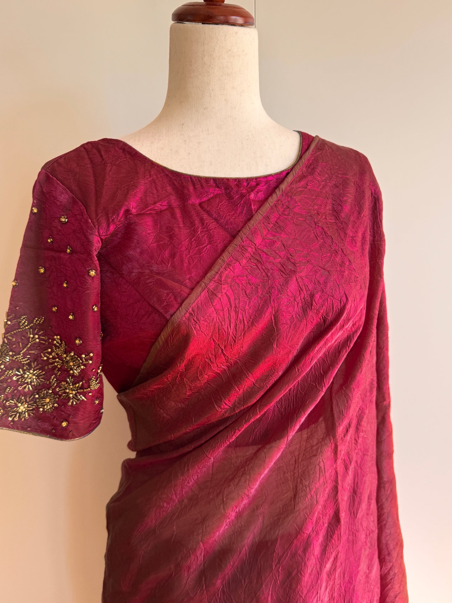 Reddish Pink Satin Crush Fancy Silk Saree and Stitched Blouse (L Size)