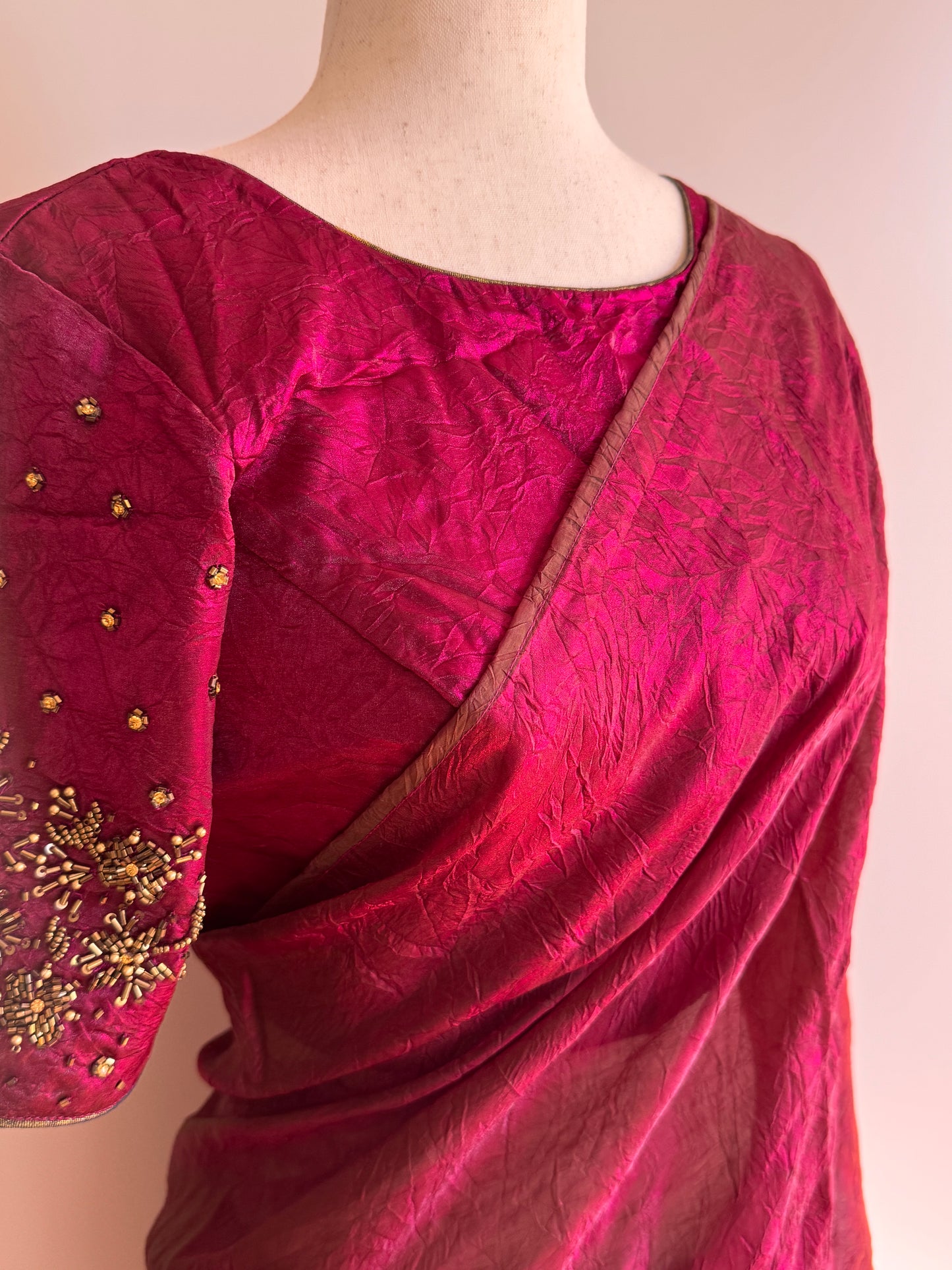 Reddish Pink Satin Crush Fancy Silk Saree and Stitched Blouse (L Size)