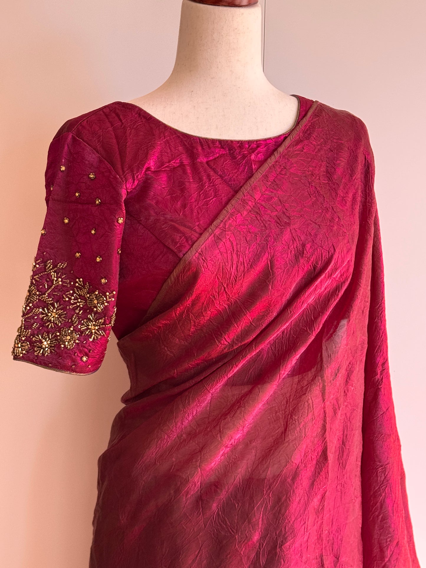 Reddish Pink Satin Crush Fancy Silk Saree and Stitched Blouse (L Size)