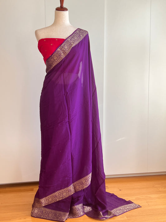 Purple Chinnon Saree With Pink Unstitched blouse