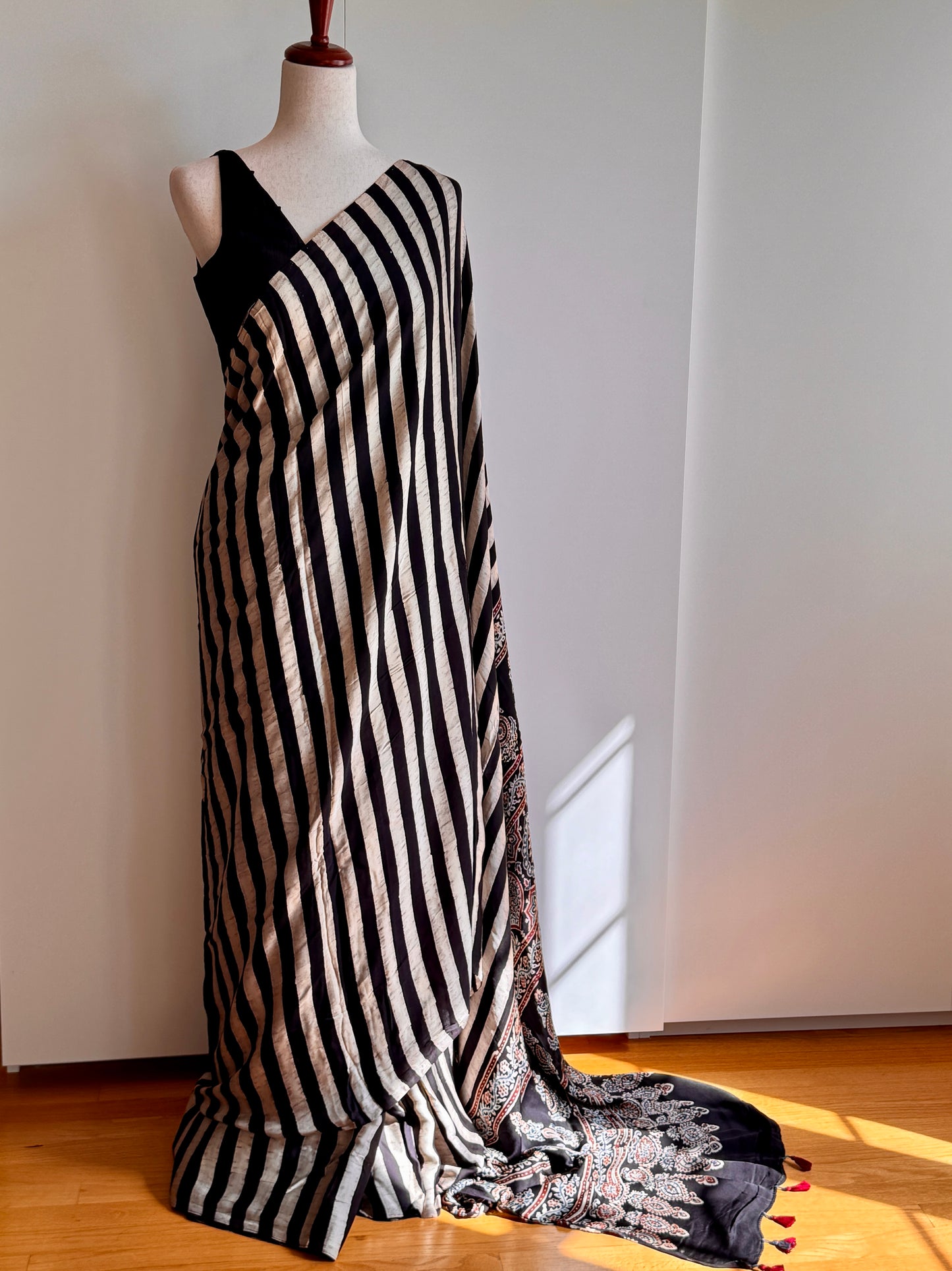 Black and White striped Modal Silk Ajrakh Saree