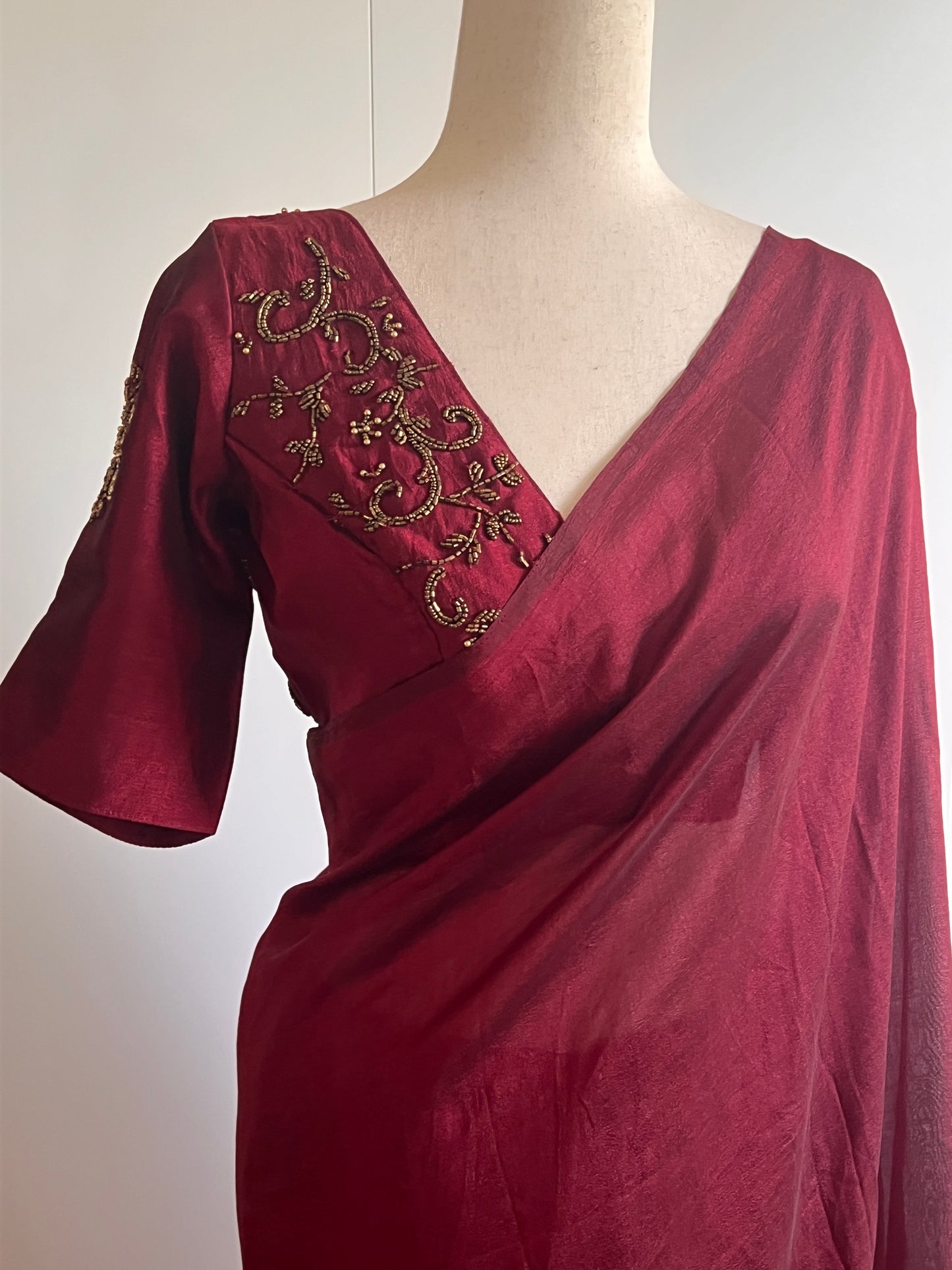 Reddish Maroon Fancy Silk Saree with Stitched Work Blouse -(Size-L)