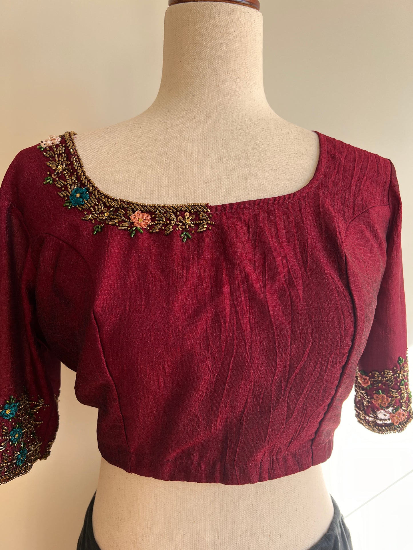 Maroon Silk Stitched Readymade Work Blouse (SIZE-L-40)