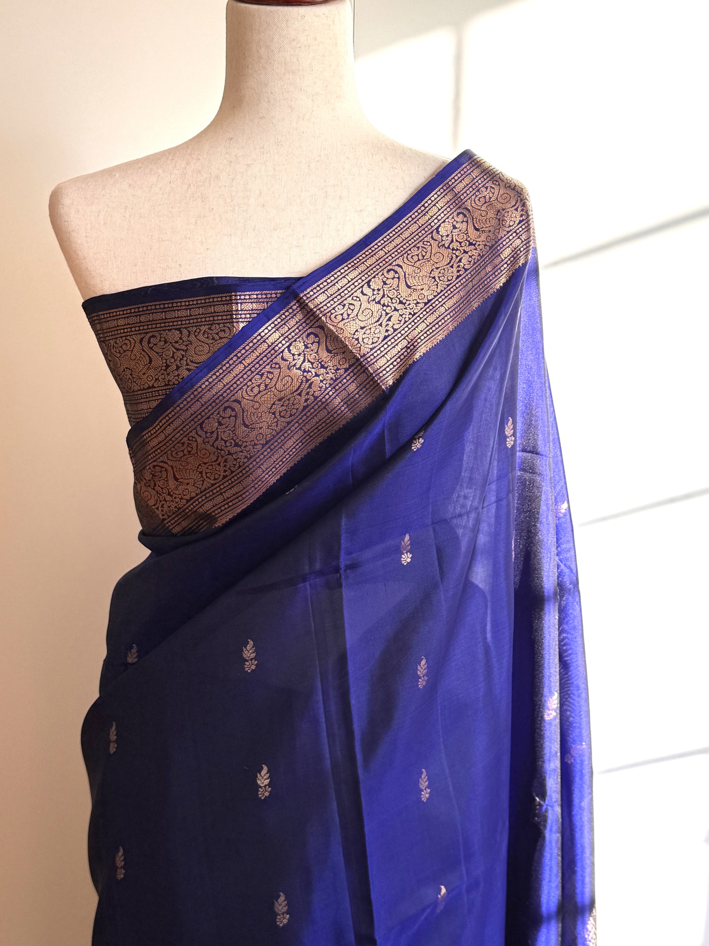 Pure soft silk saree royal blue with zari woven buttas and zari woven border