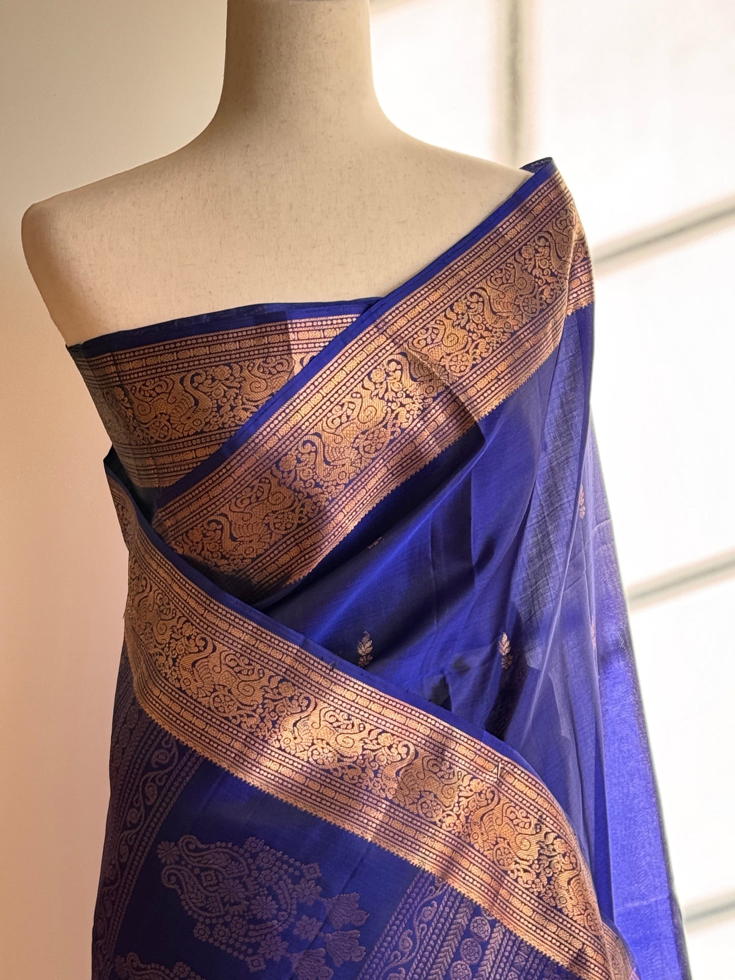 Pure soft silk saree royal blue with zari woven buttas and zari woven border