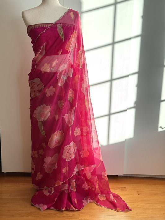 Pink floral printed chiffon saree with Cut dana work