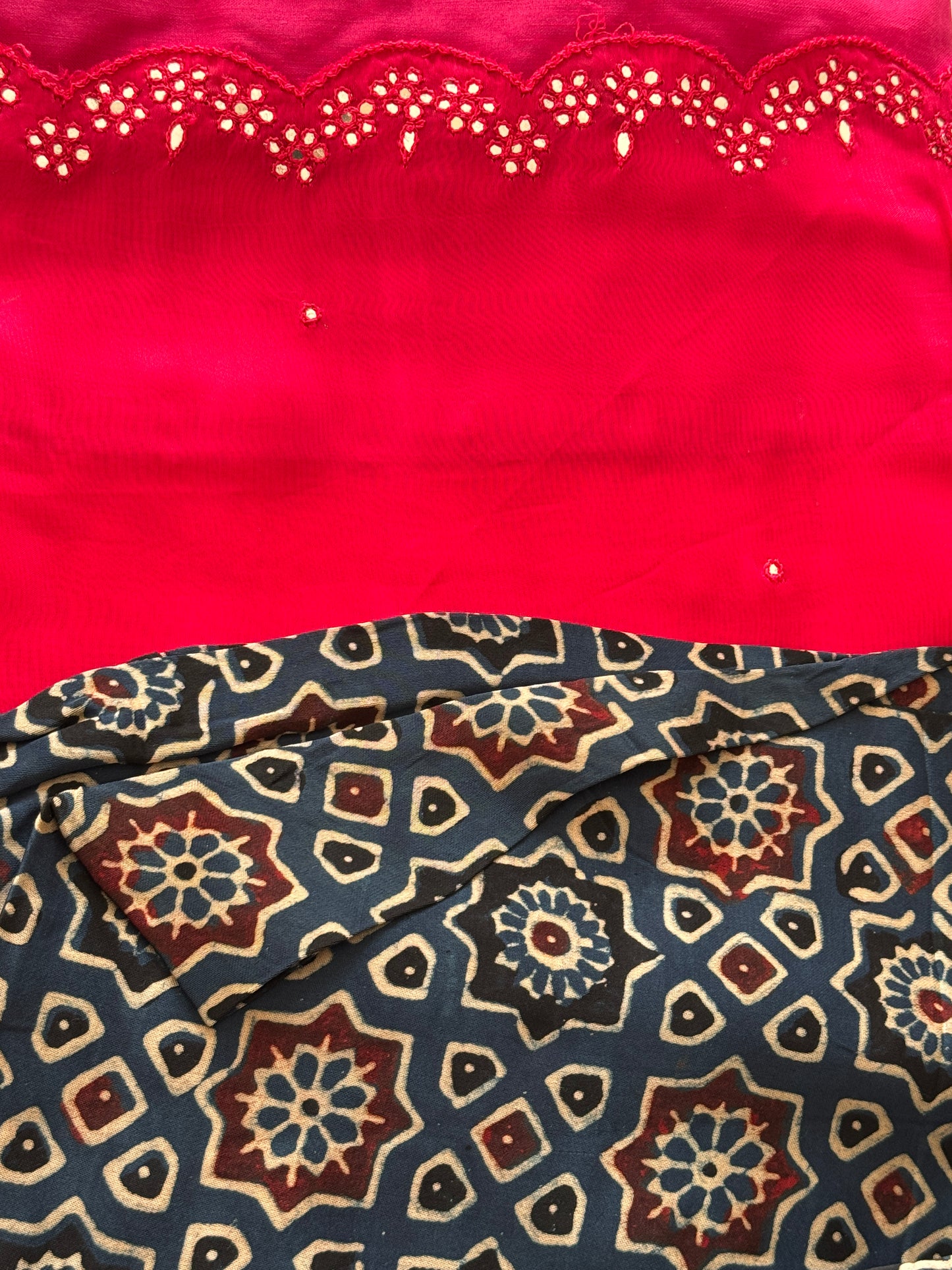 Satin crepe silk saree pink and indigo blue with mirror work and ajrakh printed blouse