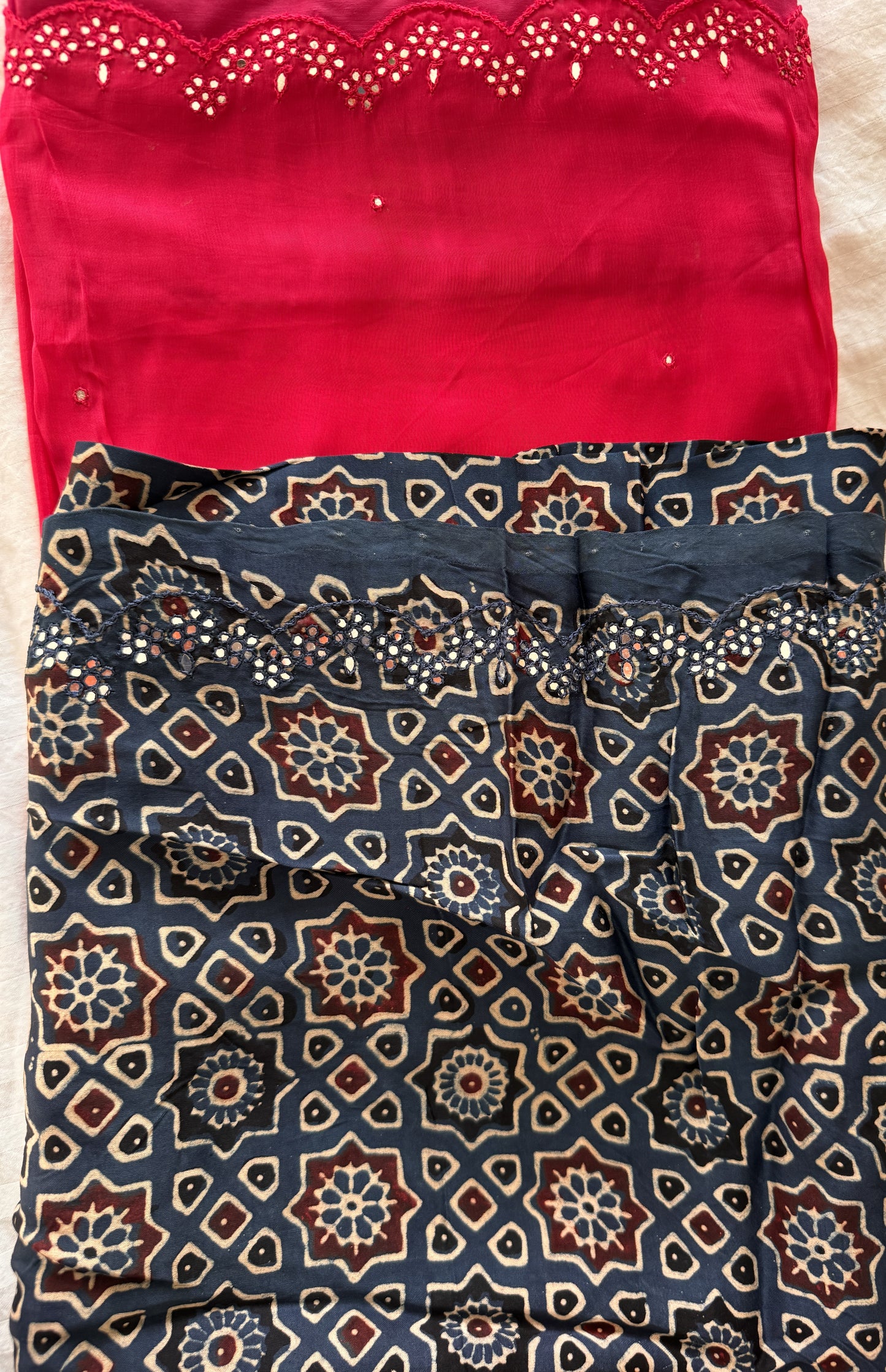 Satin crepe silk saree pink and indigo blue with mirror work and ajrakh printed blouse