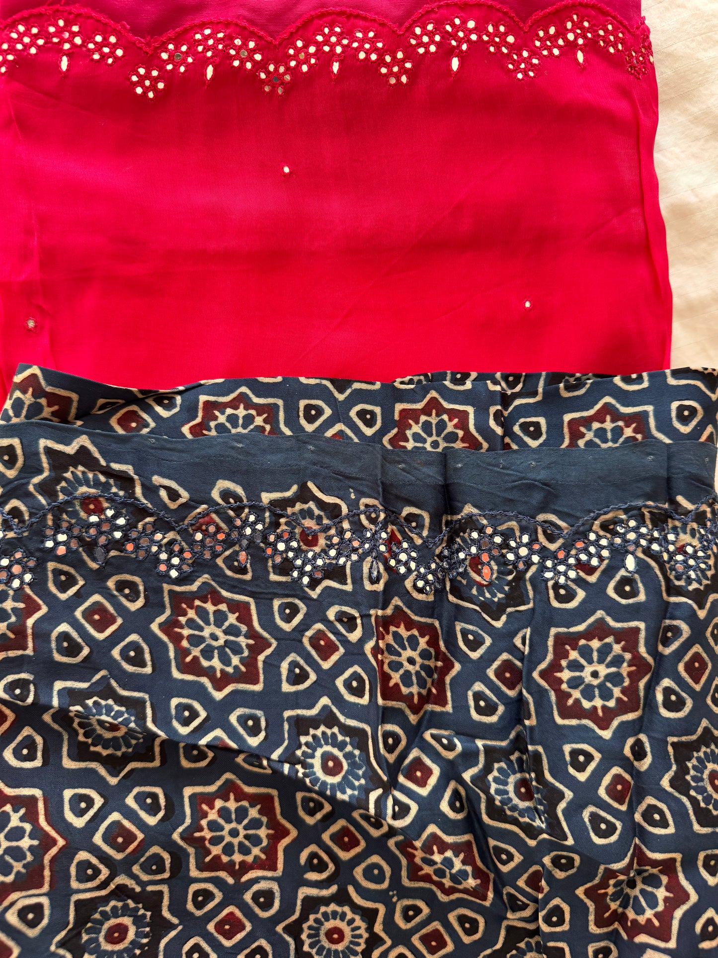 Satin crepe silk saree pink and indigo blue with mirror work and ajrakh printed blouse