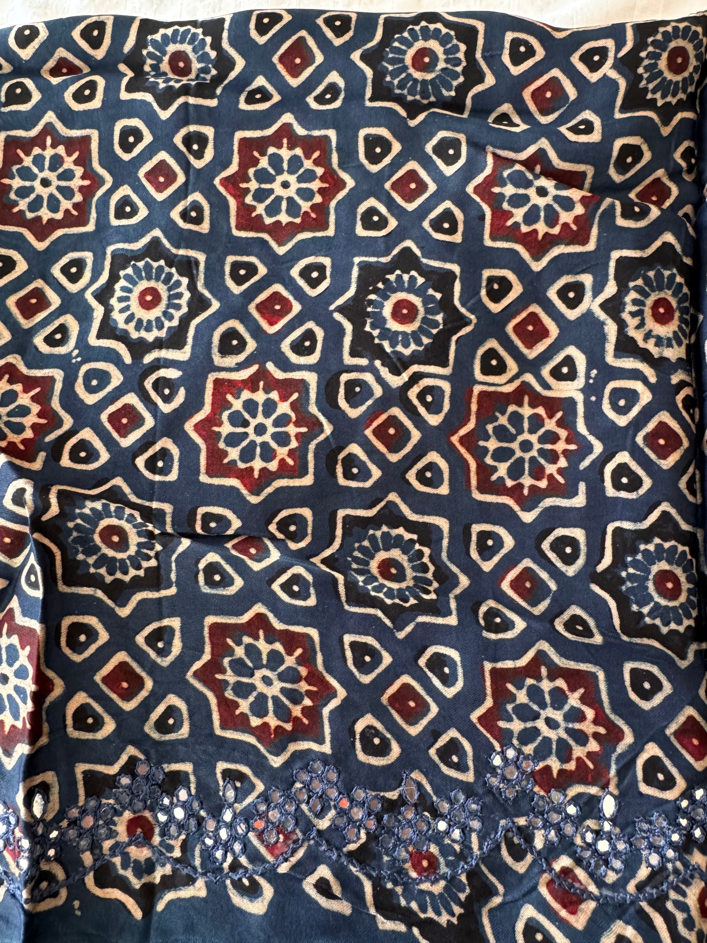 Satin crepe silk saree pink and indigo blue with mirror work and ajrakh printed blouse