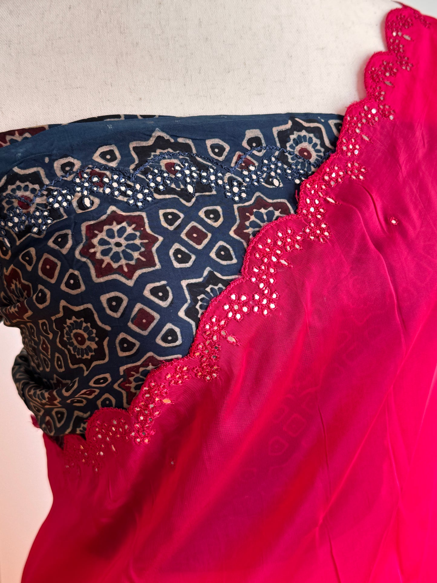Satin crepe silk saree pink and indigo blue with mirror work and ajrakh printed blouse