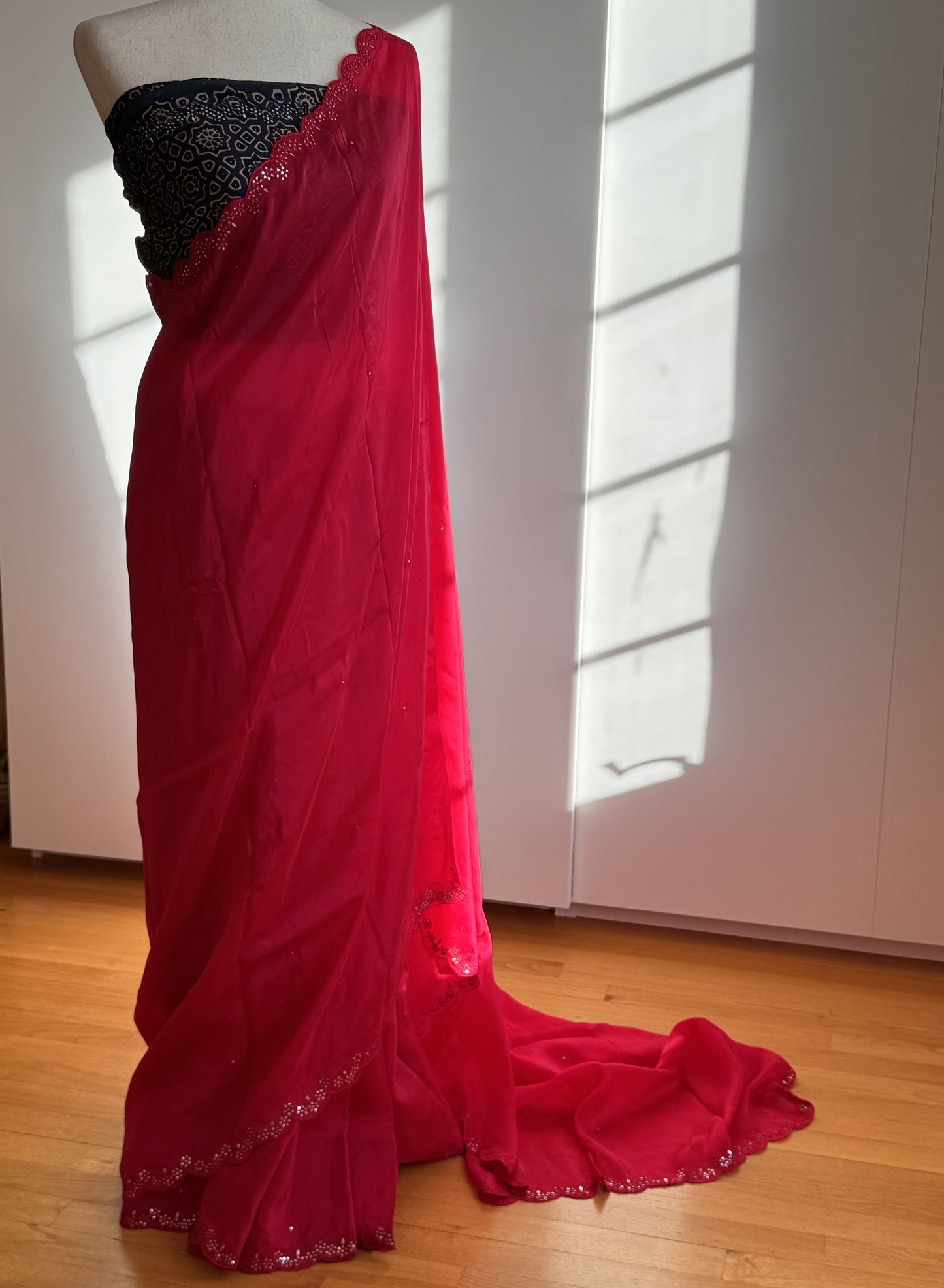 Satin crepe silk saree pink and indigo blue with mirror work and ajrakh printed blouse