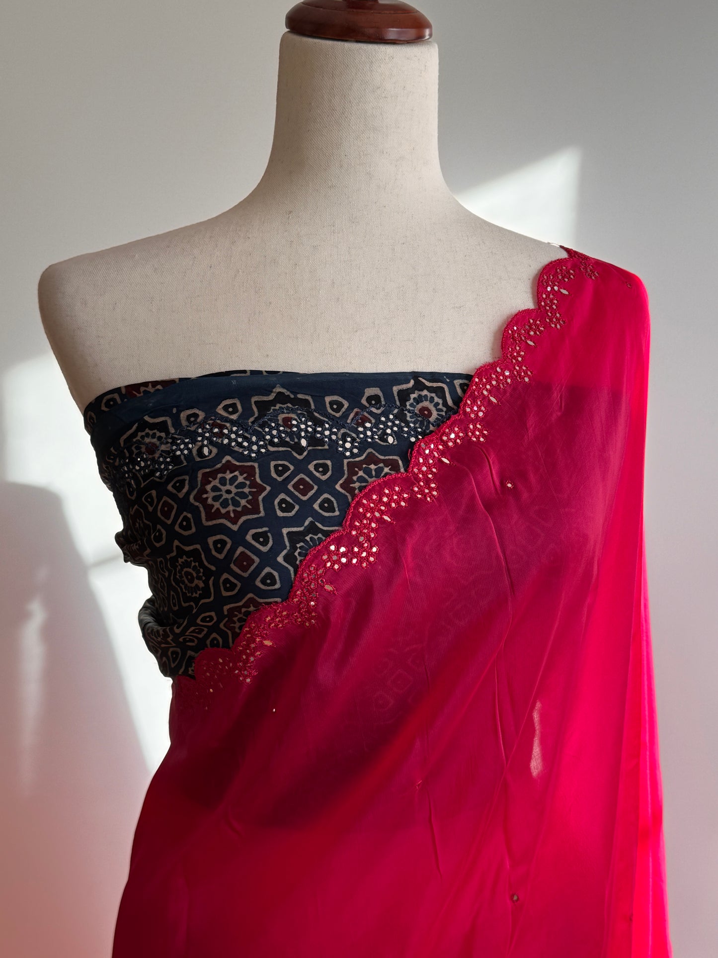 Satin crepe silk saree pink and indigo blue with mirror work and ajrakh printed blouse