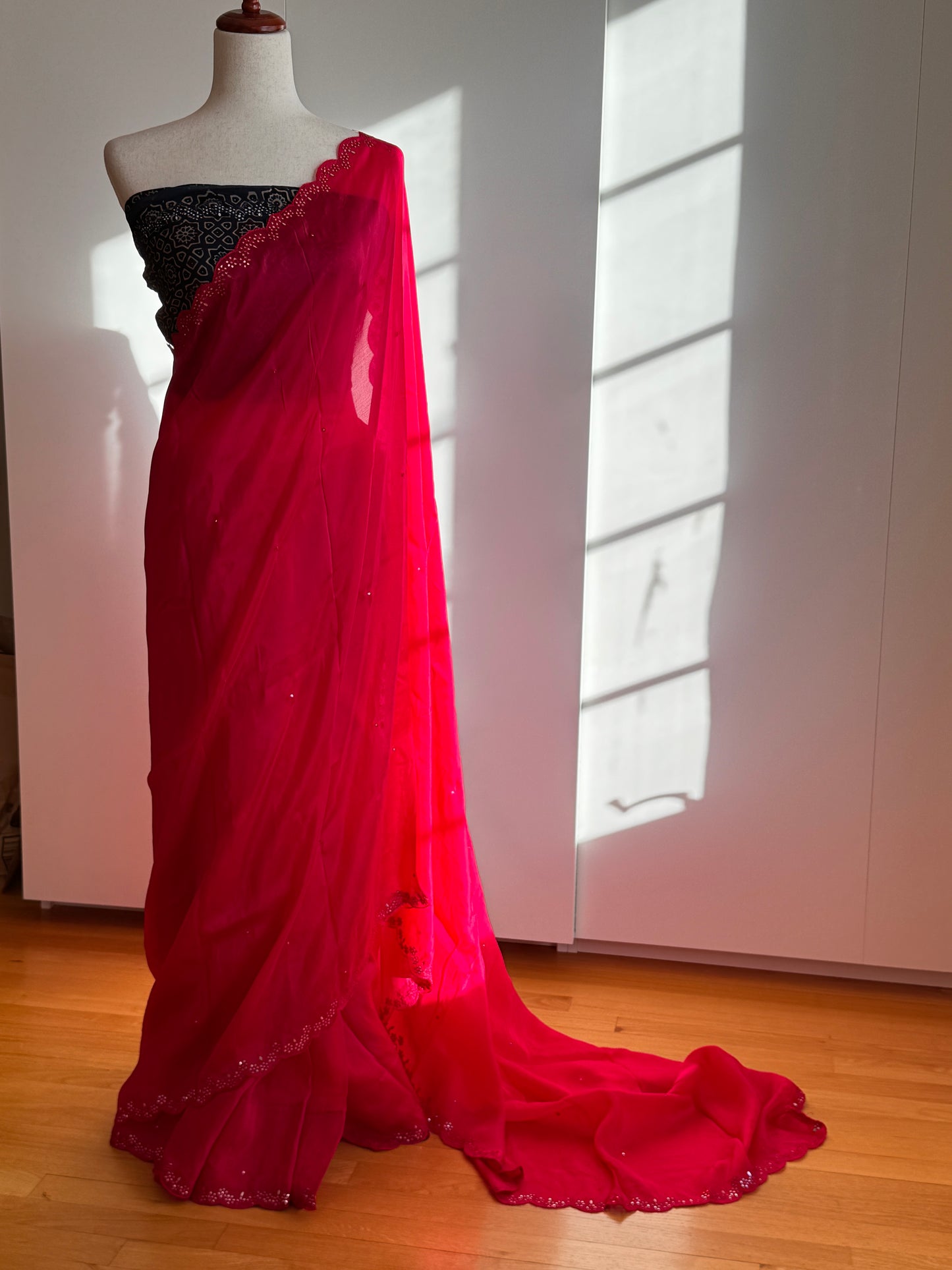 Satin crepe silk saree pink and indigo blue with mirror work and ajrakh printed blouse