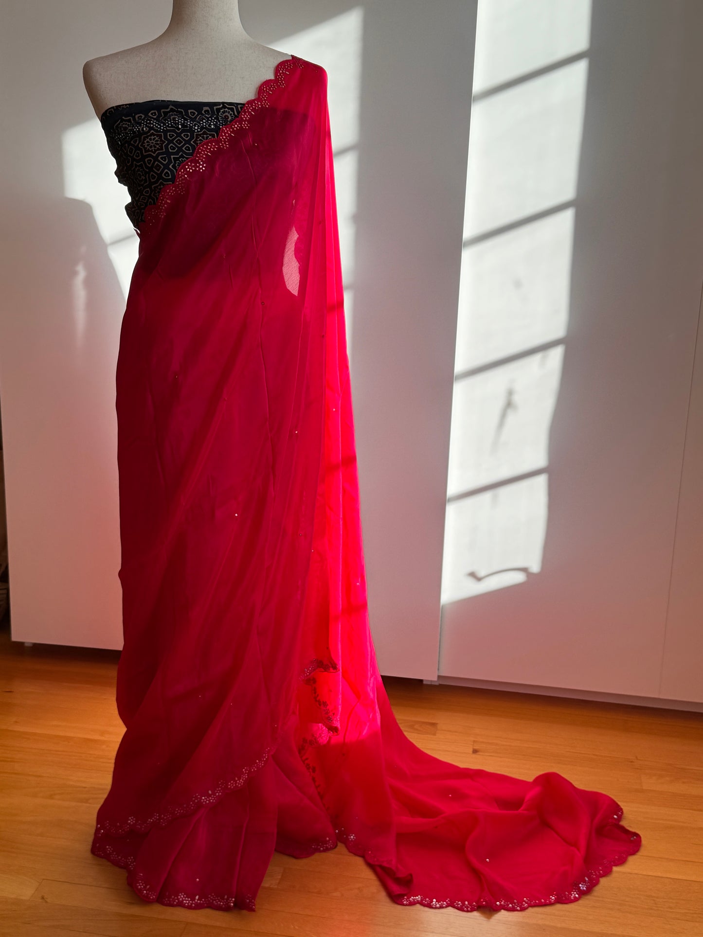 Satin crepe silk saree pink and indigo blue with mirror work and ajrakh printed blouse