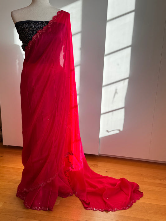 Satin crepe silk saree pink and indigo blue with mirror work and ajrakh printed blouse