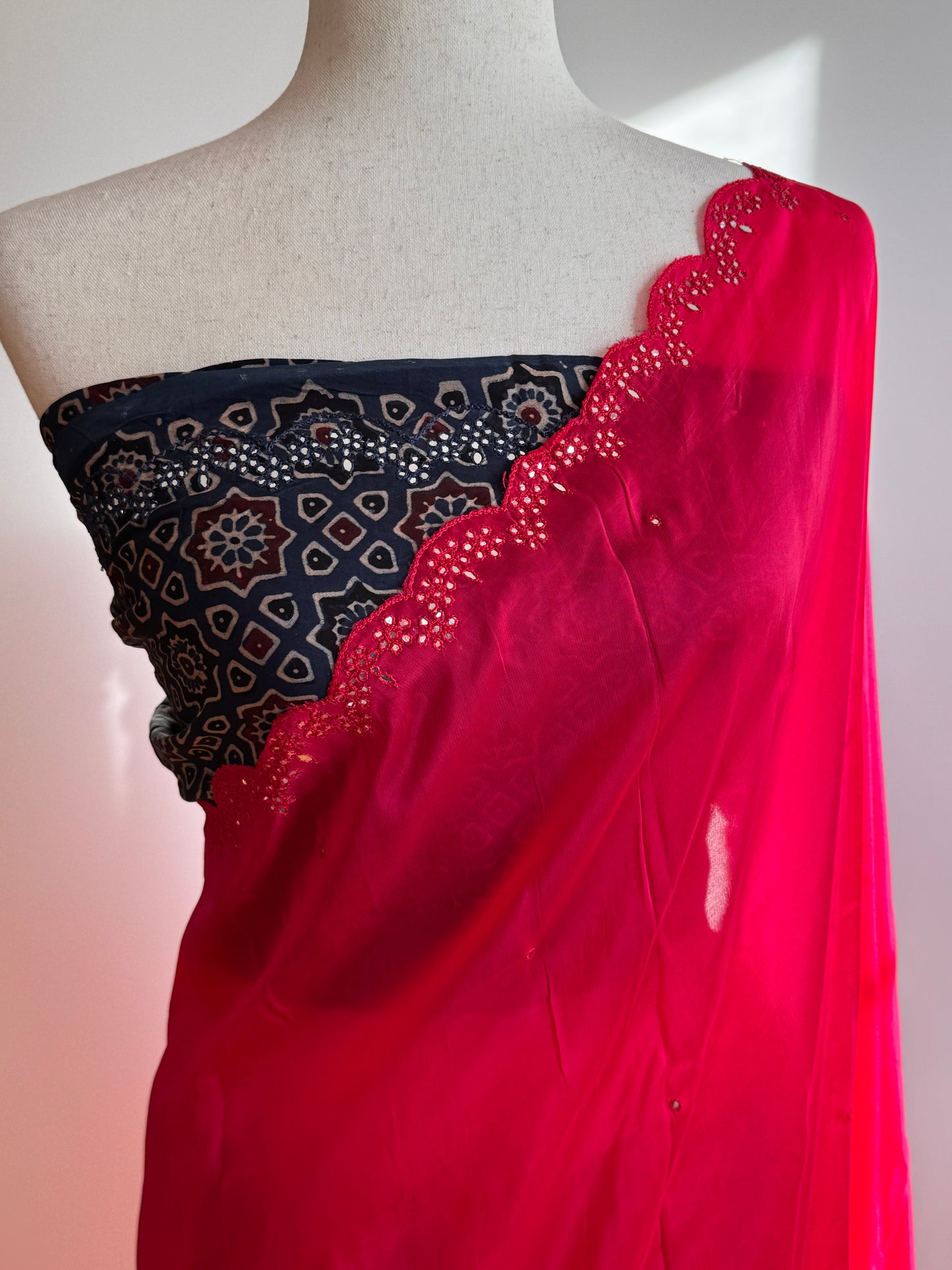 Satin crepe silk saree pink and indigo blue with mirror work and ajrakh printed blouse