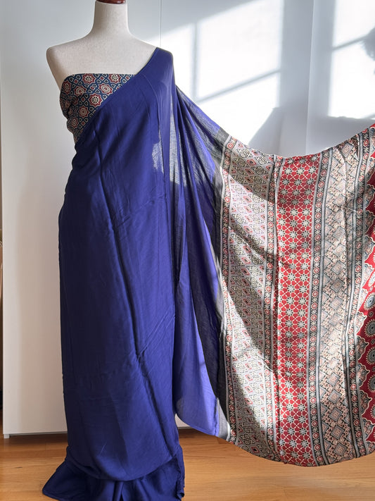Modal silk saree blue and black with plain body and ajrakh printed pallu & blouse