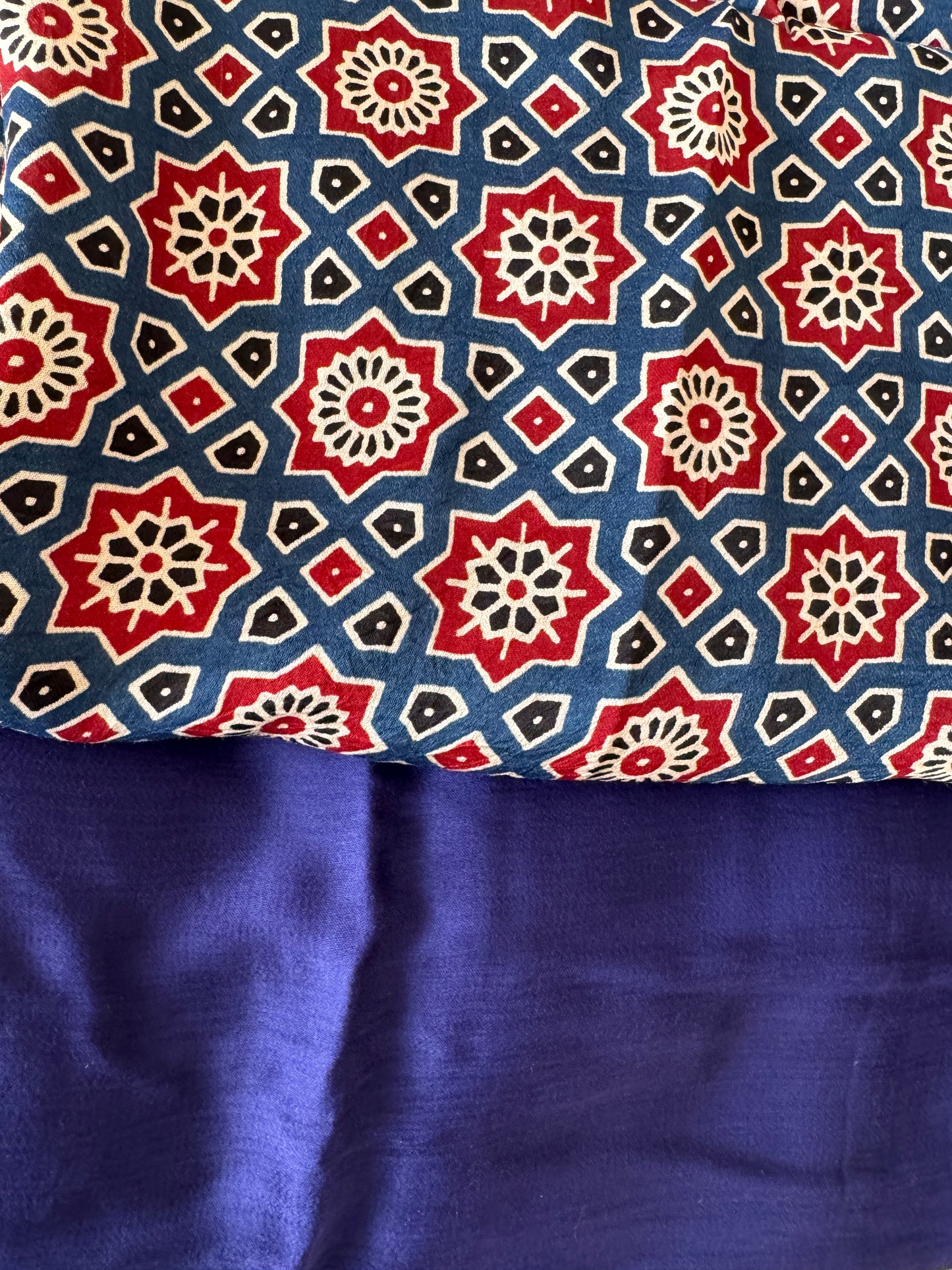 Modal silk saree blue and black with plain body and ajrakh printed pallu & blouse