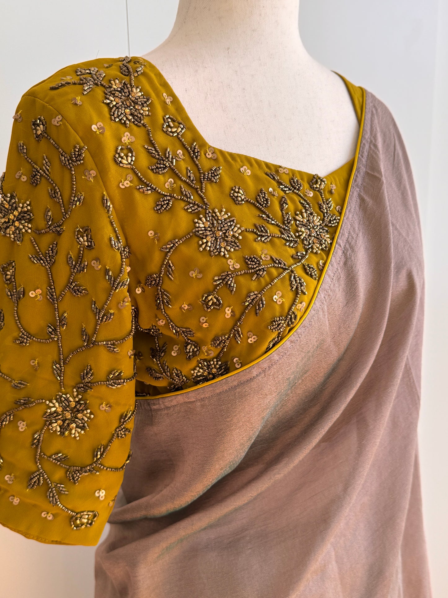 Beige Fancy Silk Saree with Stitched Embroidery Blouse size(L)