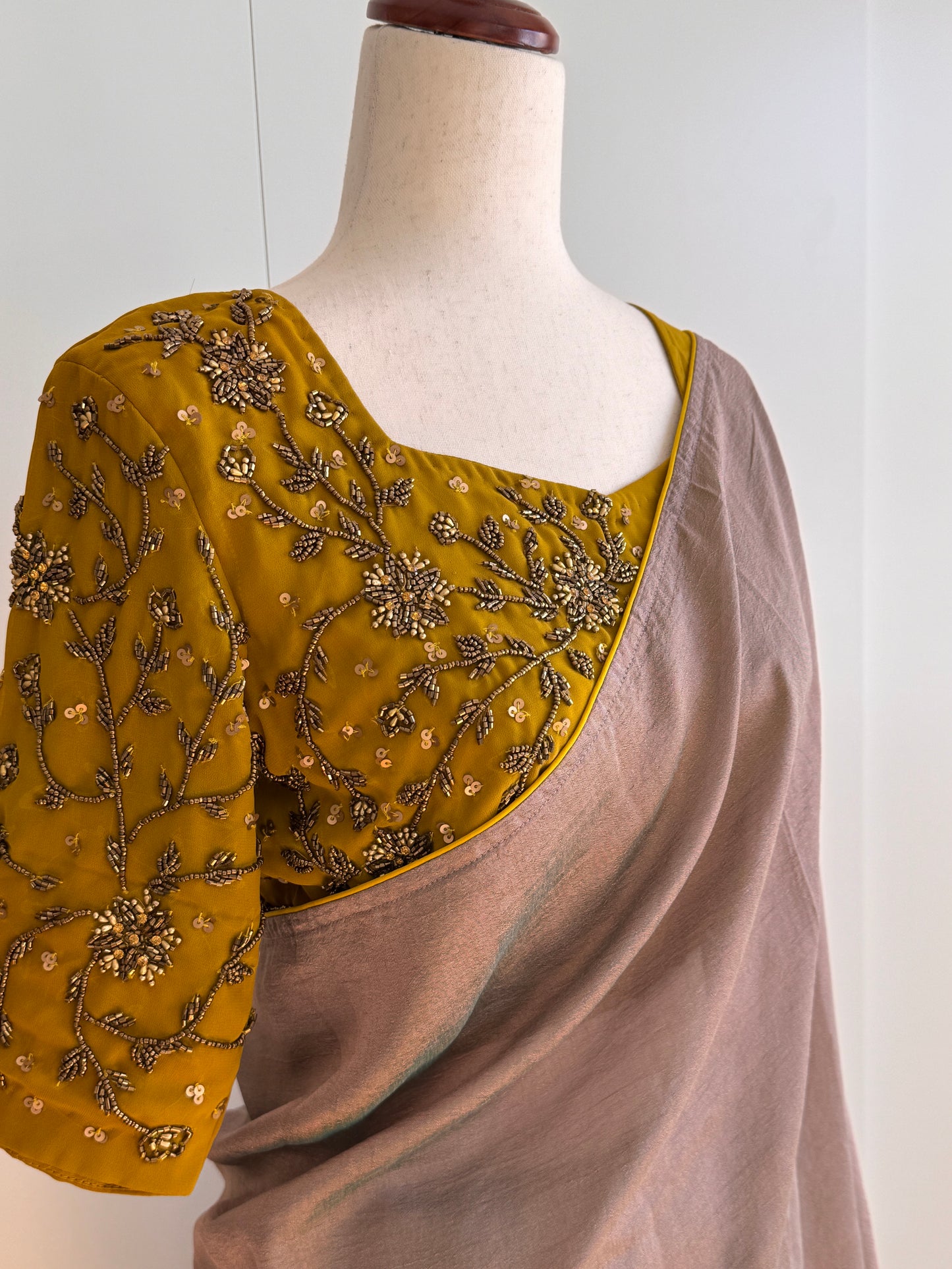 Beige Fancy Silk Saree with Stitched Embroidery Blouse size(L)