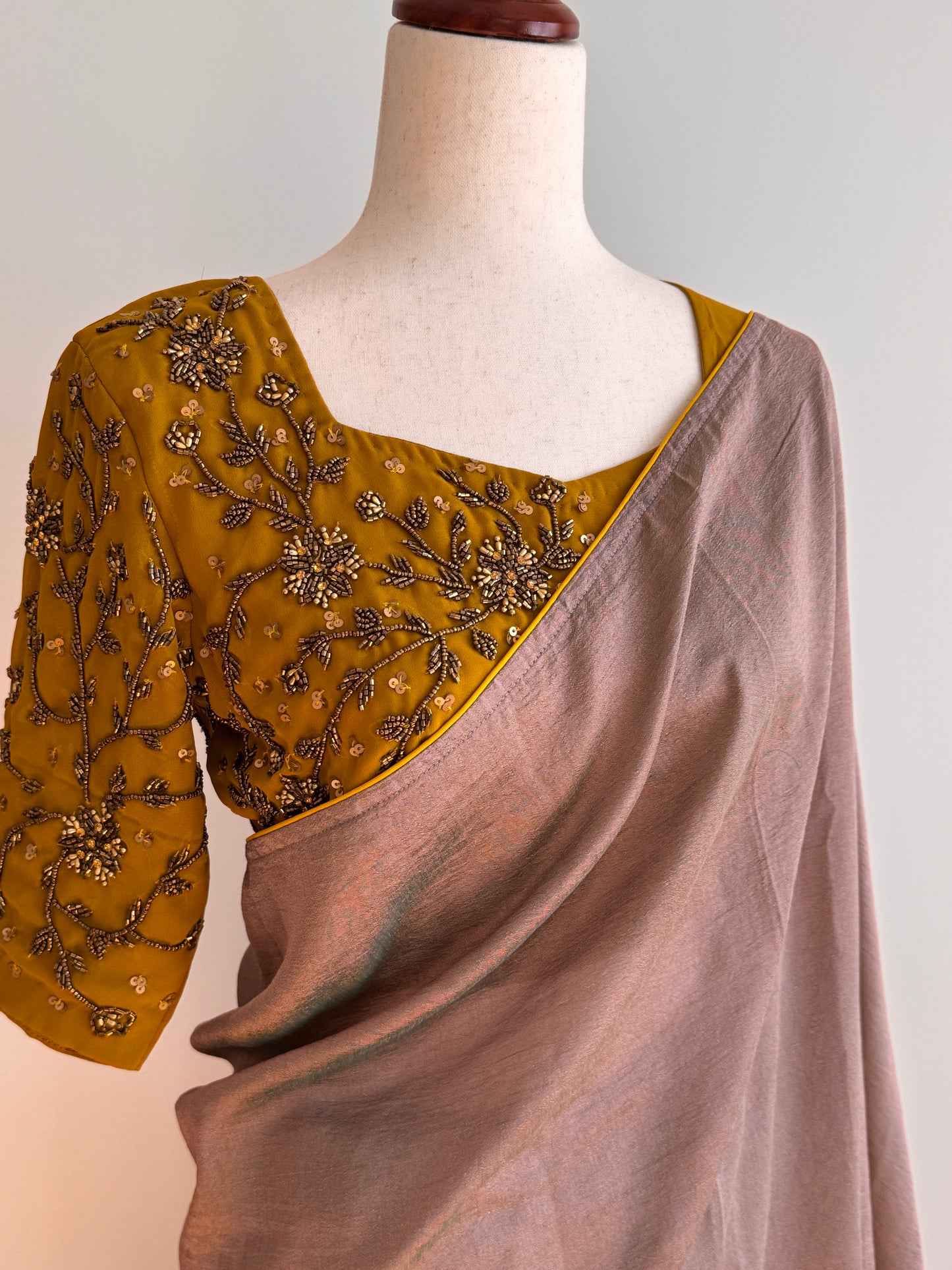 Beige Fancy Silk Saree with Stitched Embroidery Blouse size(L)