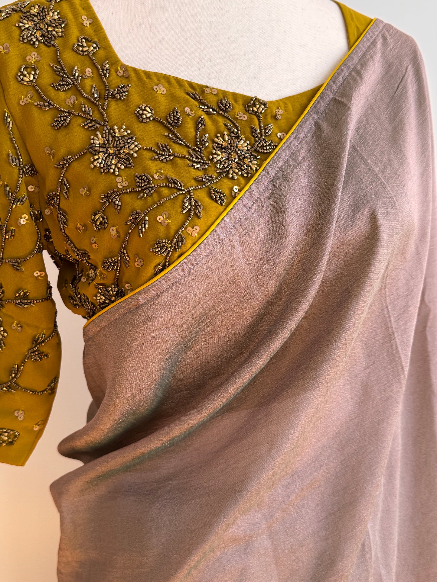 Beige Fancy Silk Saree with Stitched Embroidery Blouse size(L)