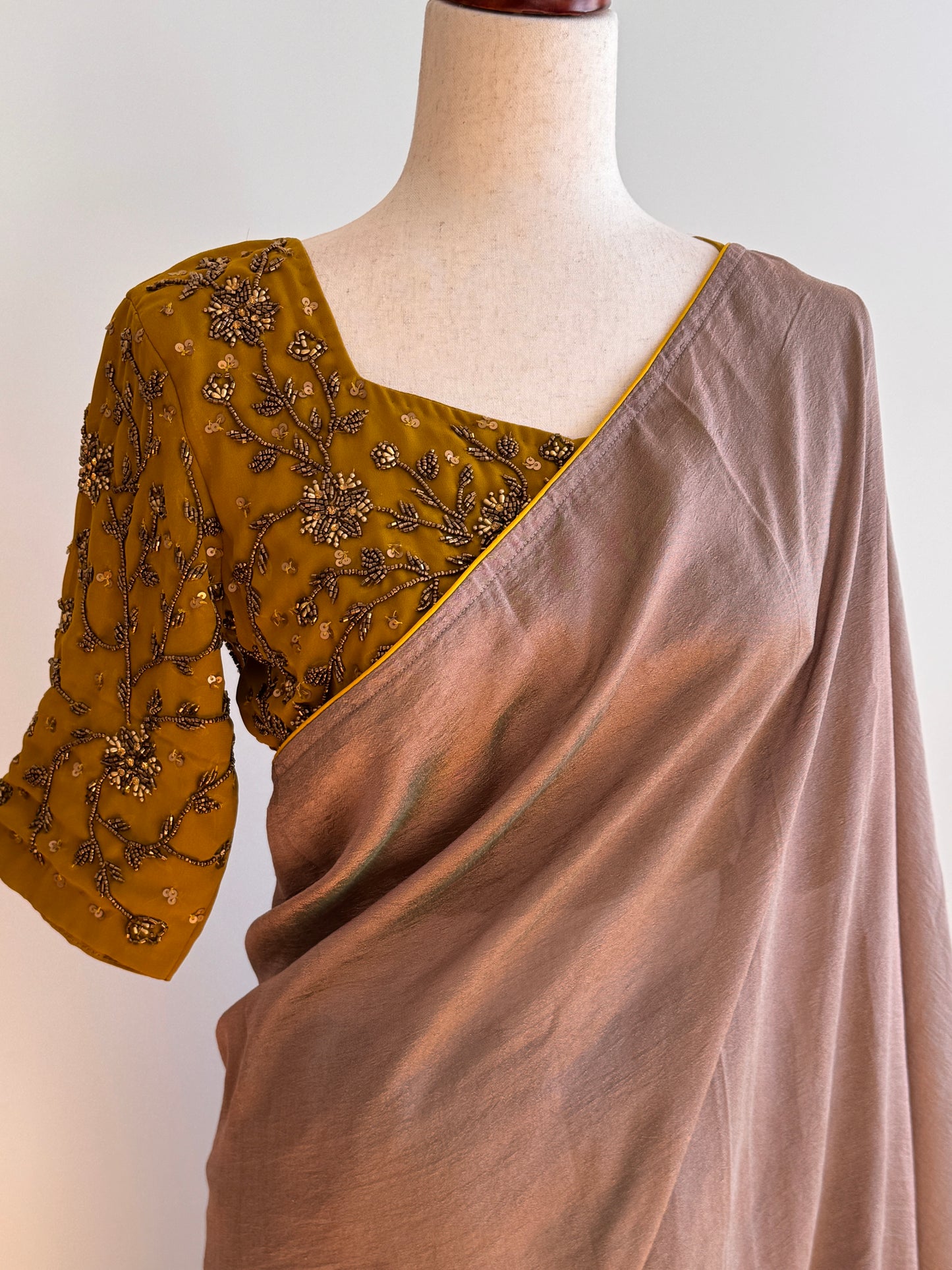 Beige Fancy Silk Saree with Stitched Embroidery Blouse size(L)