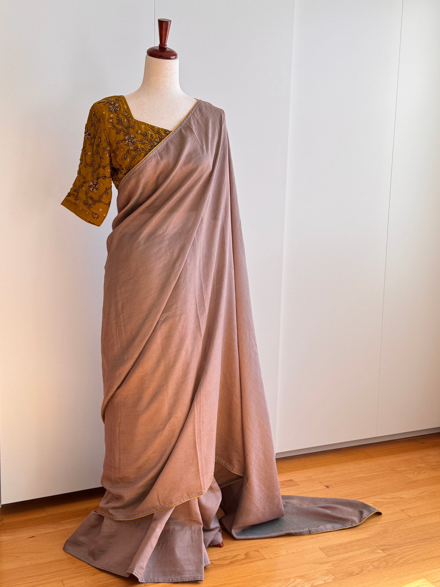 Beige Fancy Silk Saree with Stitched Embroidery Blouse size(L)